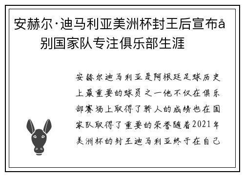 安赫尔·迪马利亚美洲杯封王后宣布告别国家队专注俱乐部生涯